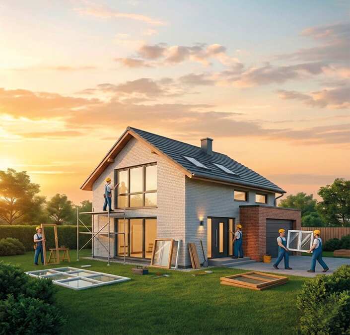 Haus Sanierung durch Handwerker (KI-generiert)